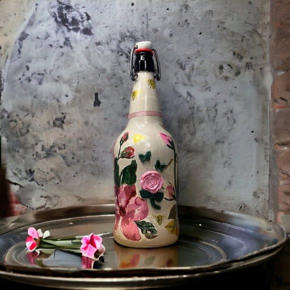 Hand Painted, Decoupaged and Clay Molded Flip Top Glass Bottle Vintage 3D Roses - Picture 3 of 15